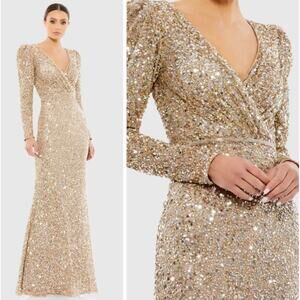 Mac Duggal 5510 Gold Sequin Surplice Gown Size 6 Puff Shoulder Embellished NWT